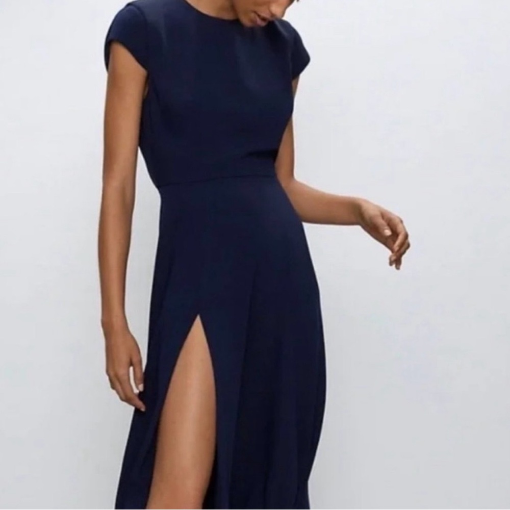 Aritzia Babaton Hamptons Pure Indigo Cap-Sleeve Dress with High Side Slit